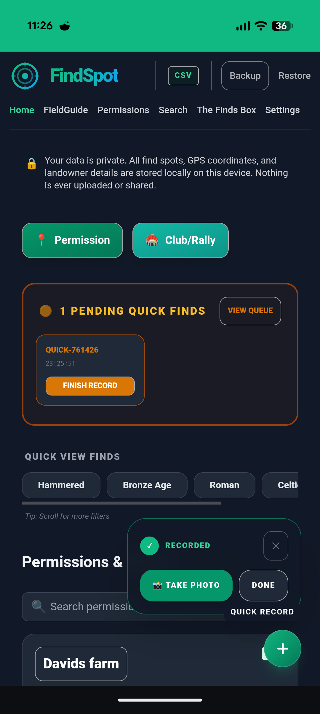 FindSpot quick capture interface for recording a find in the field